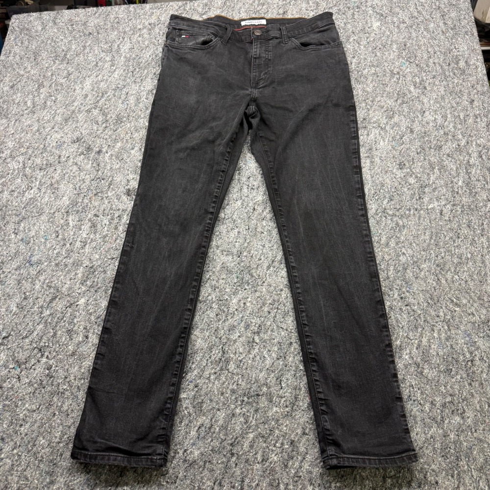 Tommy Jeans Mens Slim Fit Faded Black Denim Pants‎ 34x30 Flag Logo Casual